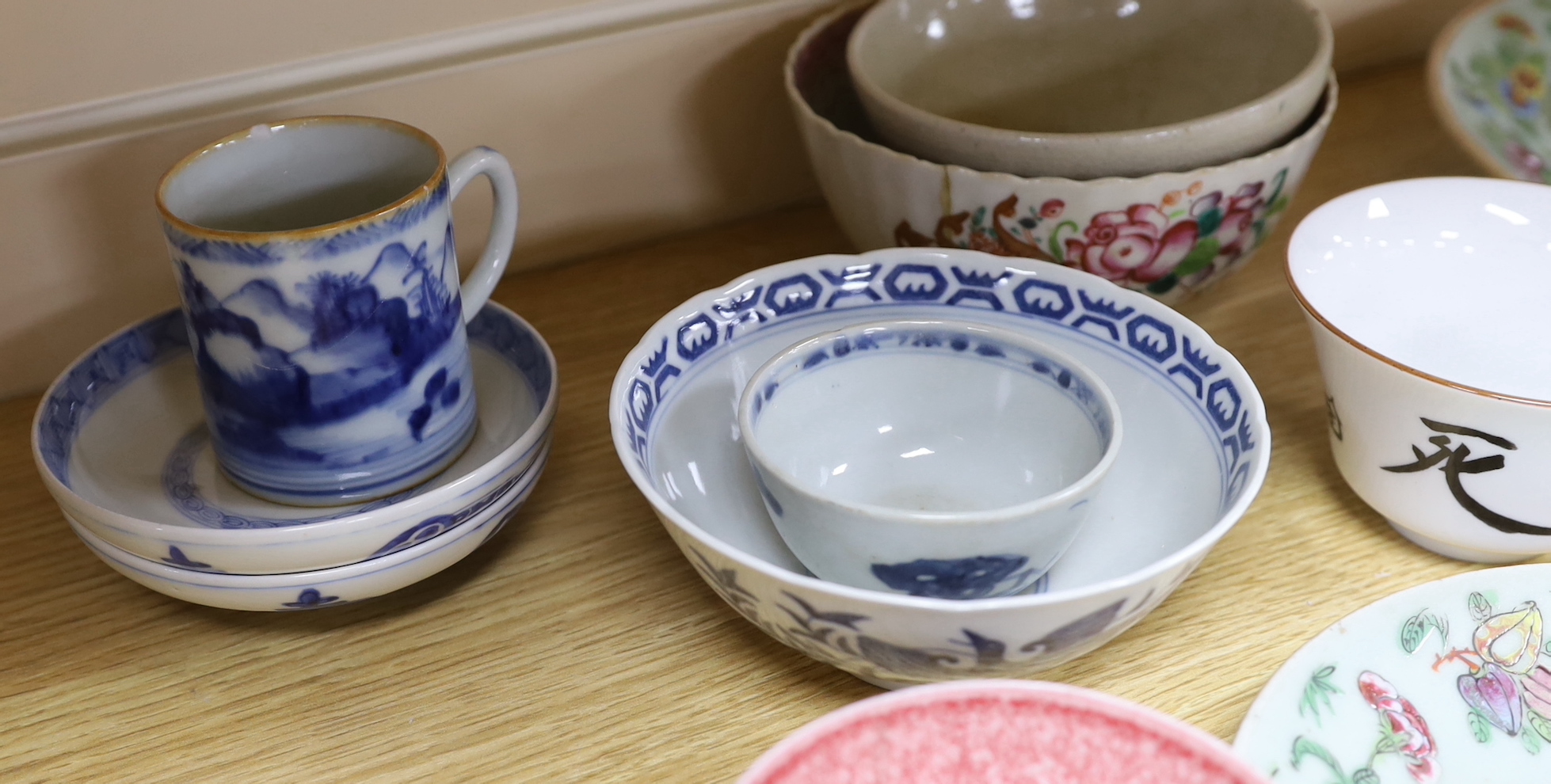 Three Chinese famille verte dishes, various bowls and tea bowls and a cup